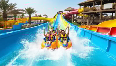 Families enjoying thrilling water park rides in Dubai