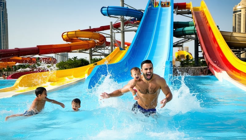 Families enjoying a water park in Dubai, with exciting slides and pools in the background