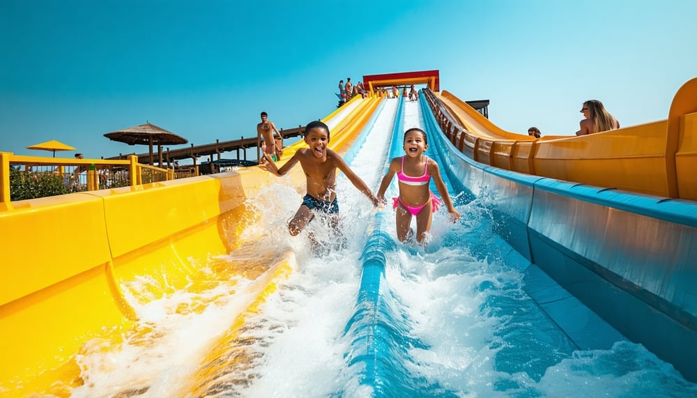Family enjoying water slides at a Dubai water park