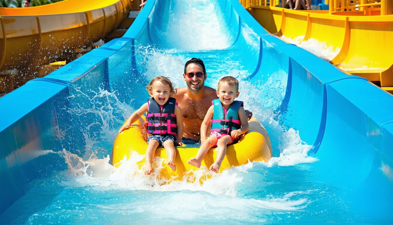 A family enjoying thrilling water slides at a Dubai water park