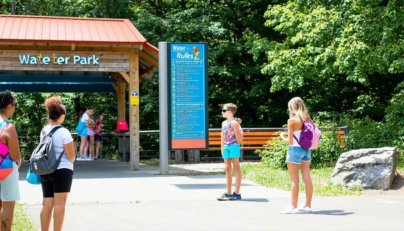 Visitors reviewing water park rules at an entrance sign